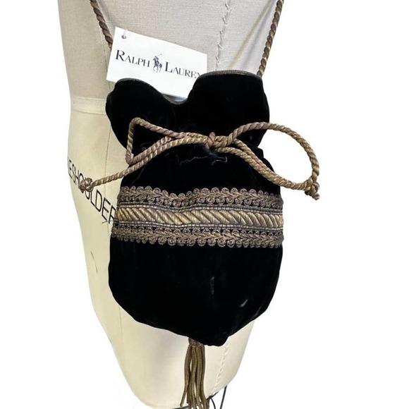 80s Ralph Lauren Polo Vtg Velvet Mini Bag Drawstring Gold Bullion NIB France - Picture 1 of 8